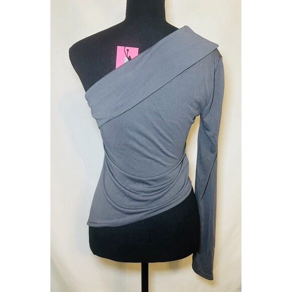 Edikted Fold Over One Shoulder Dark Gray Long Sleeve Top Asymmetrical MEDIUM NWT - Picture 3 of 9